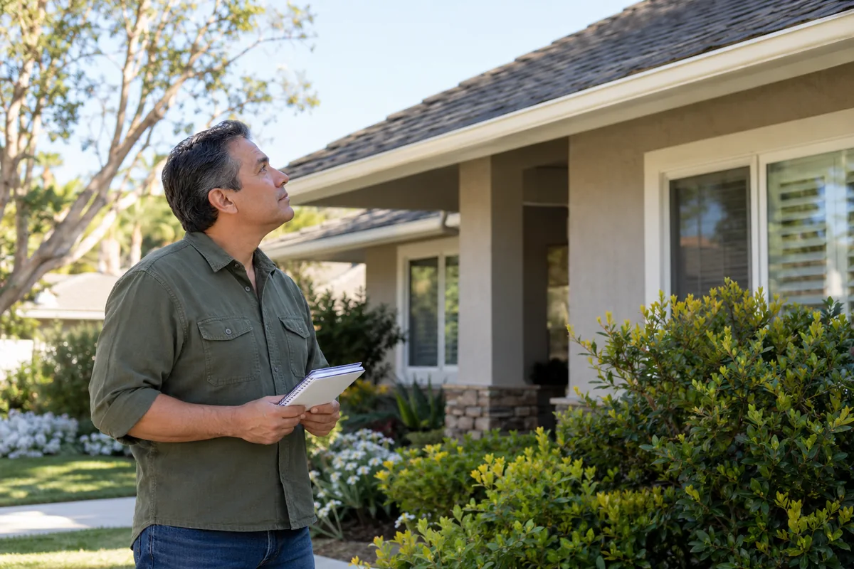 Homeowner standing on the ground with a notebook, looking toward the roof of a California-style house