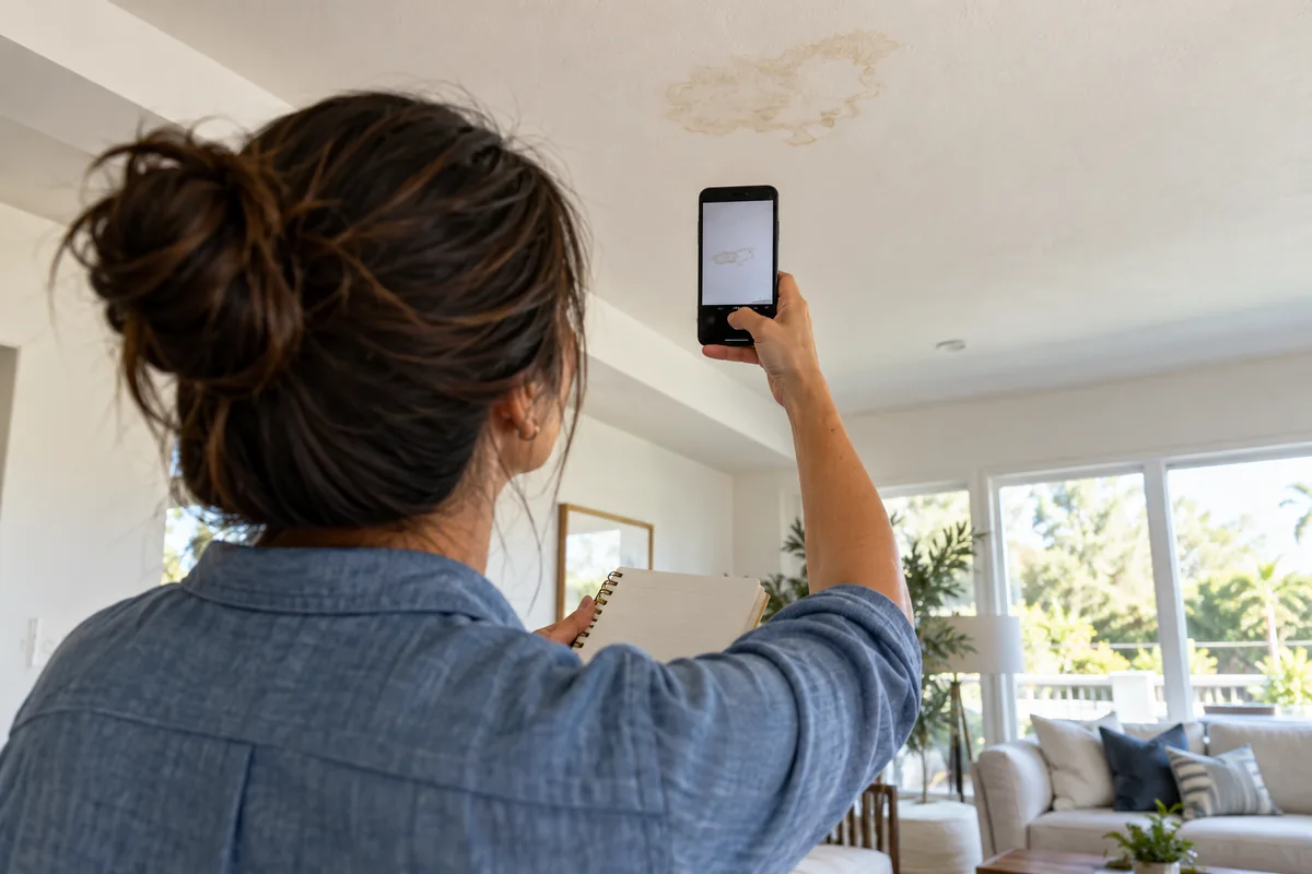 Homeowner photographing a ceiling mark safely from the floor while holding a notebook