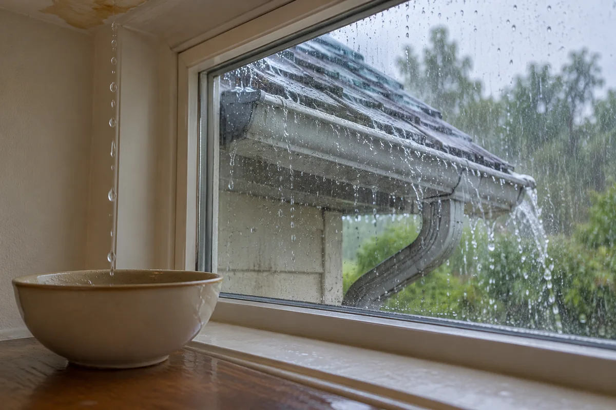 Rain on a window overlooking a roof eave, with a small bowl positioned for an indoor drip