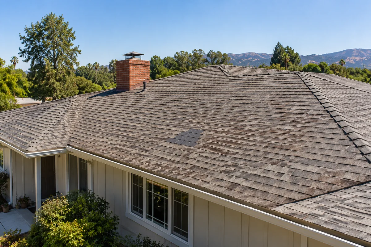 An aging shingle roof with a small previous patch and otherwise intact roof planes