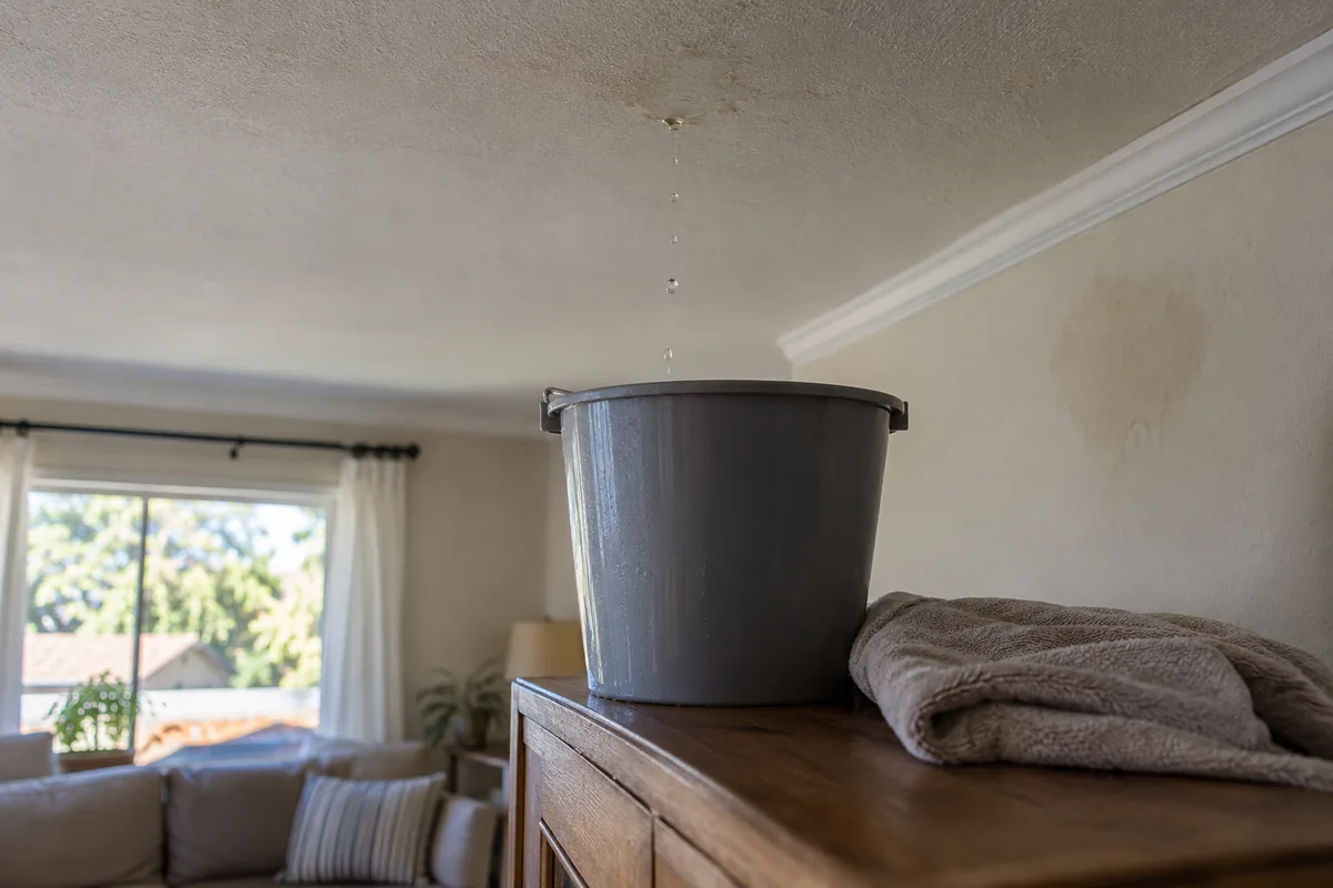 A small bucket and folded towel beneath a modest indoor drip near an older water mark