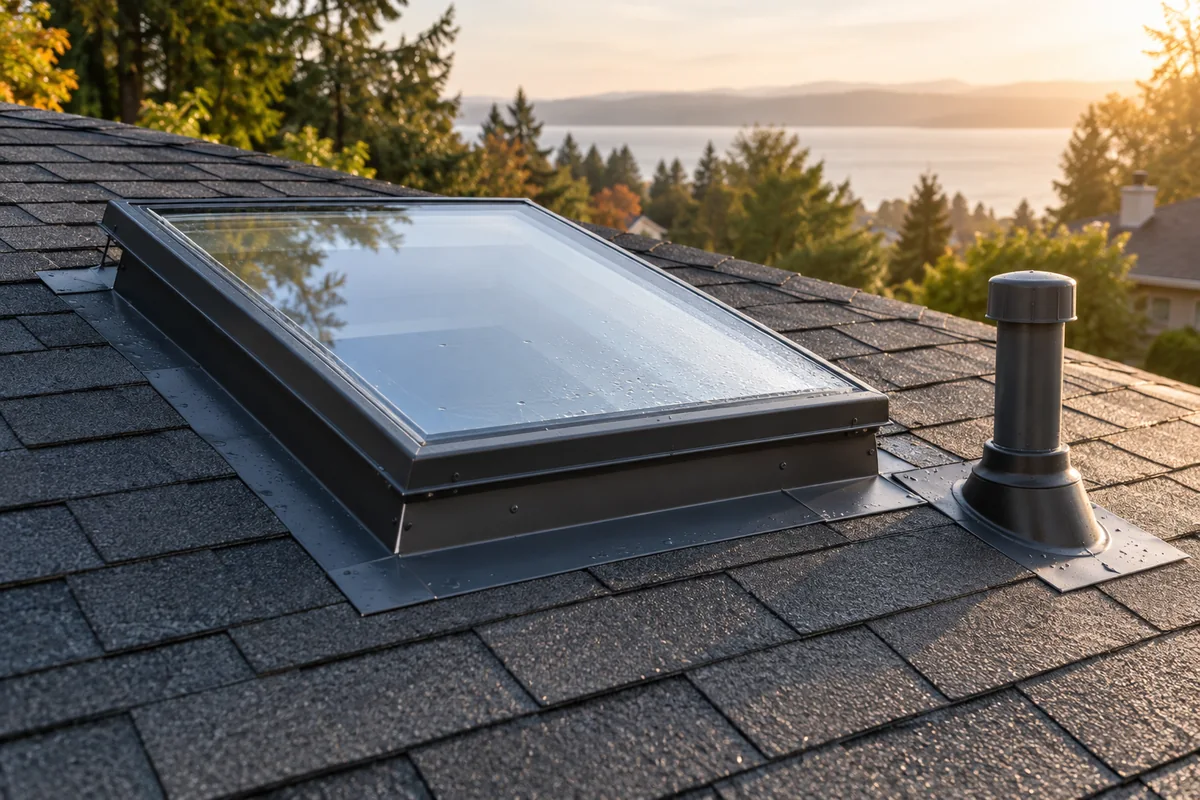 Exterior skylight curb flashing and a nearby vent boot on a charcoal shingle roof