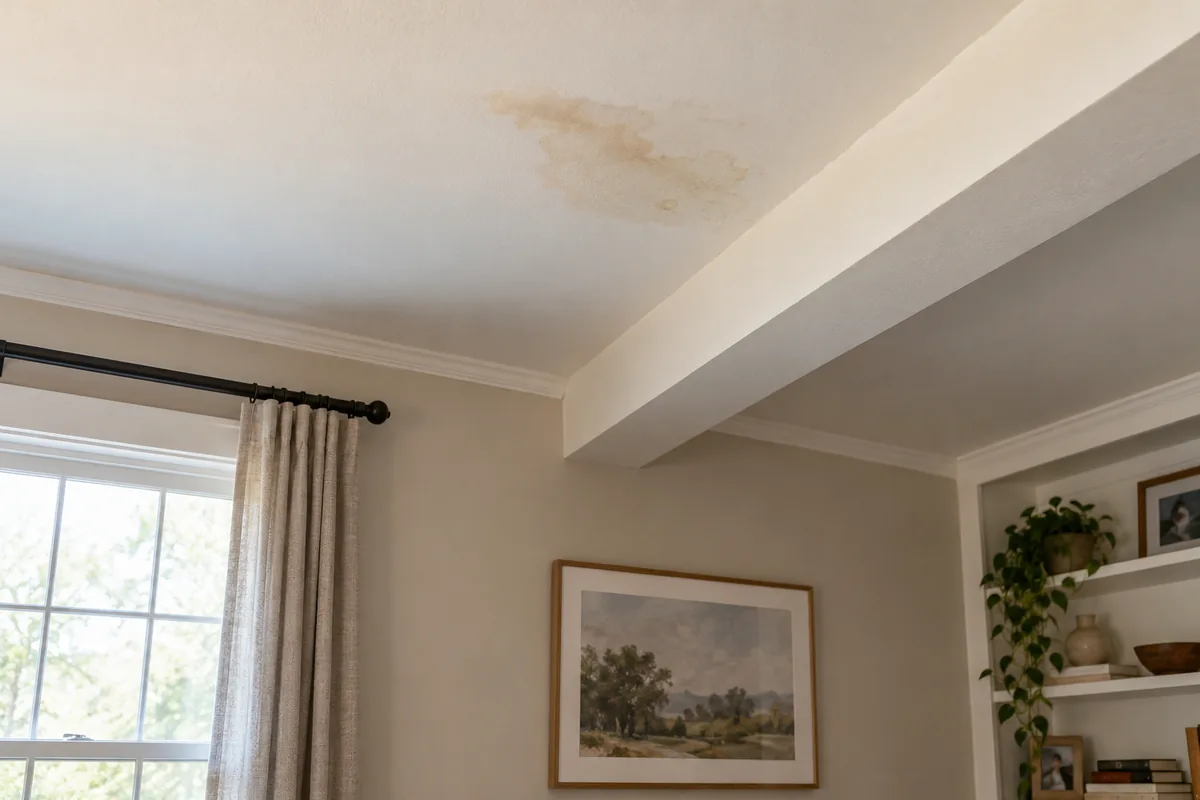 A small pale brown water mark on a white ceiling beside a beam in a tidy living room