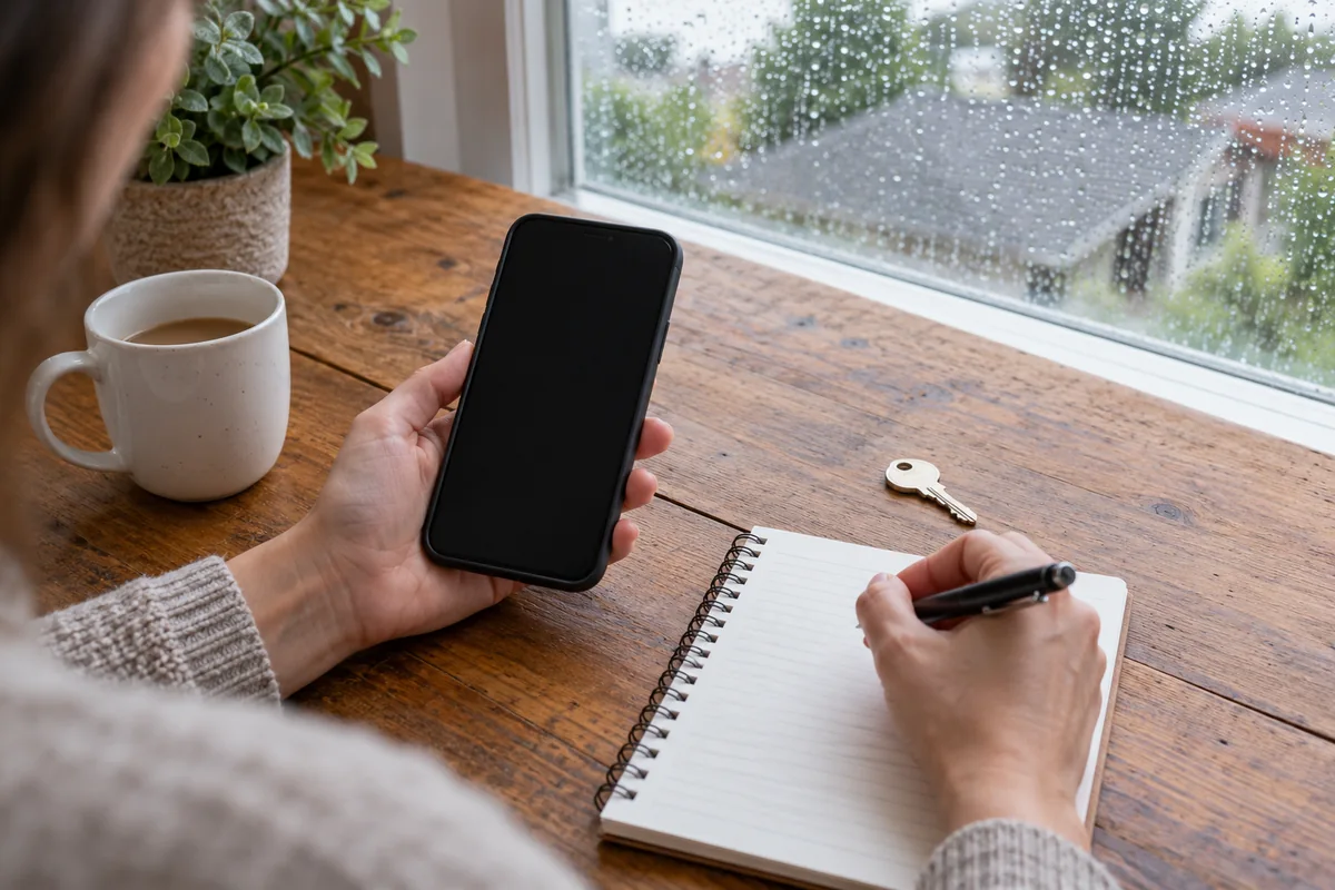 A homeowner’s phone, notebook and house keys on a table beside a rain-speckled window