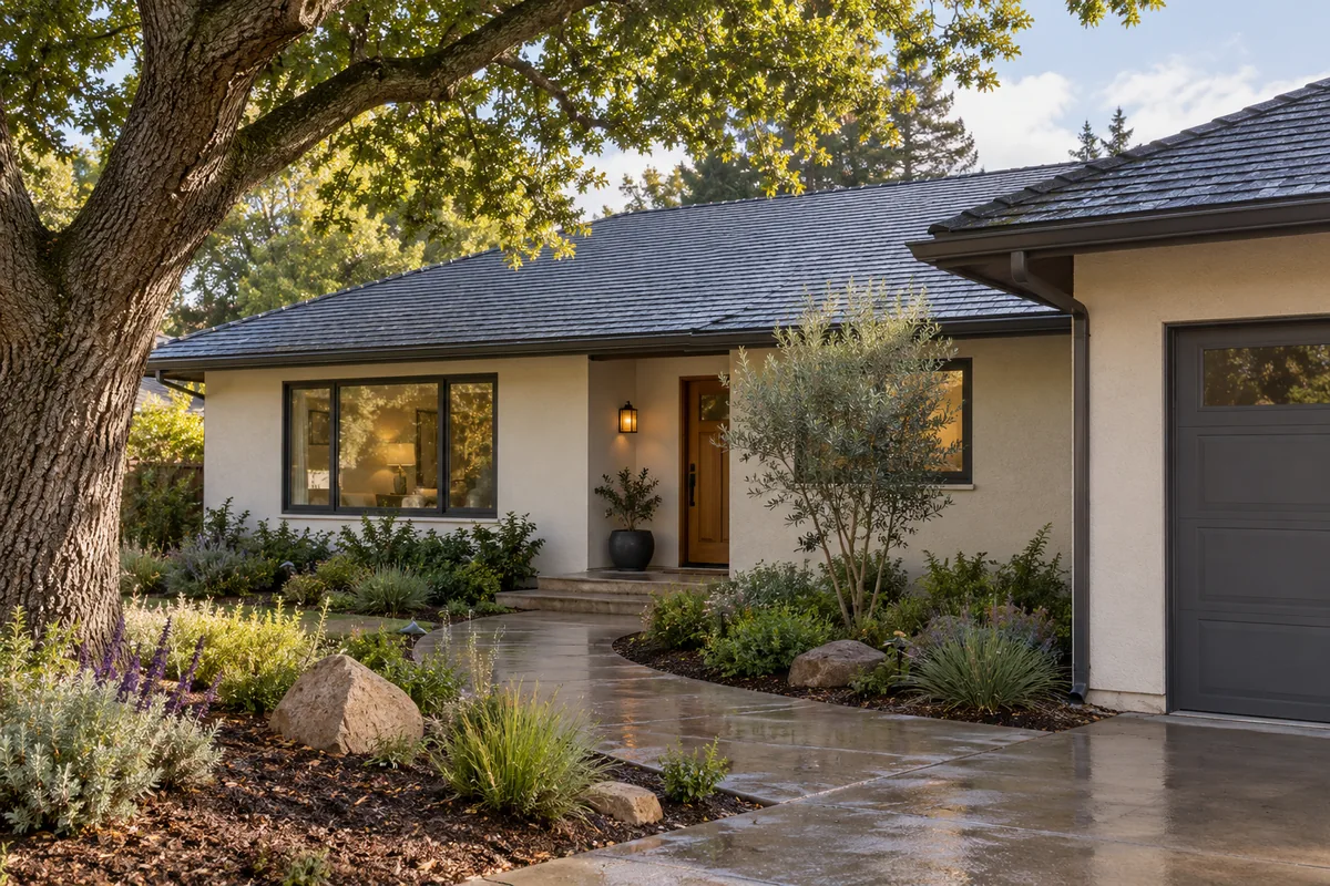 Rain-damp shingle roof on a California-style home, representing roof leak concerns in Cupertino