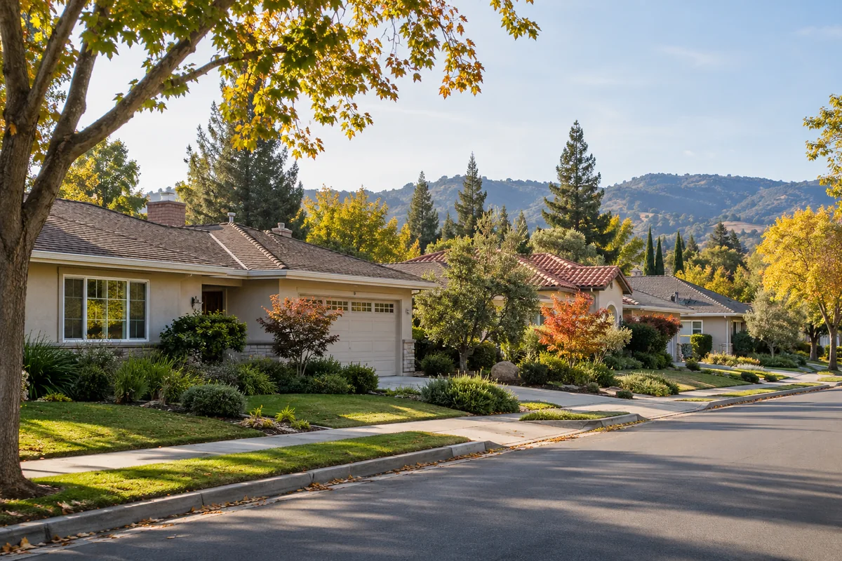 California-style residential street with mature trees and varied shingle and tile rooflines