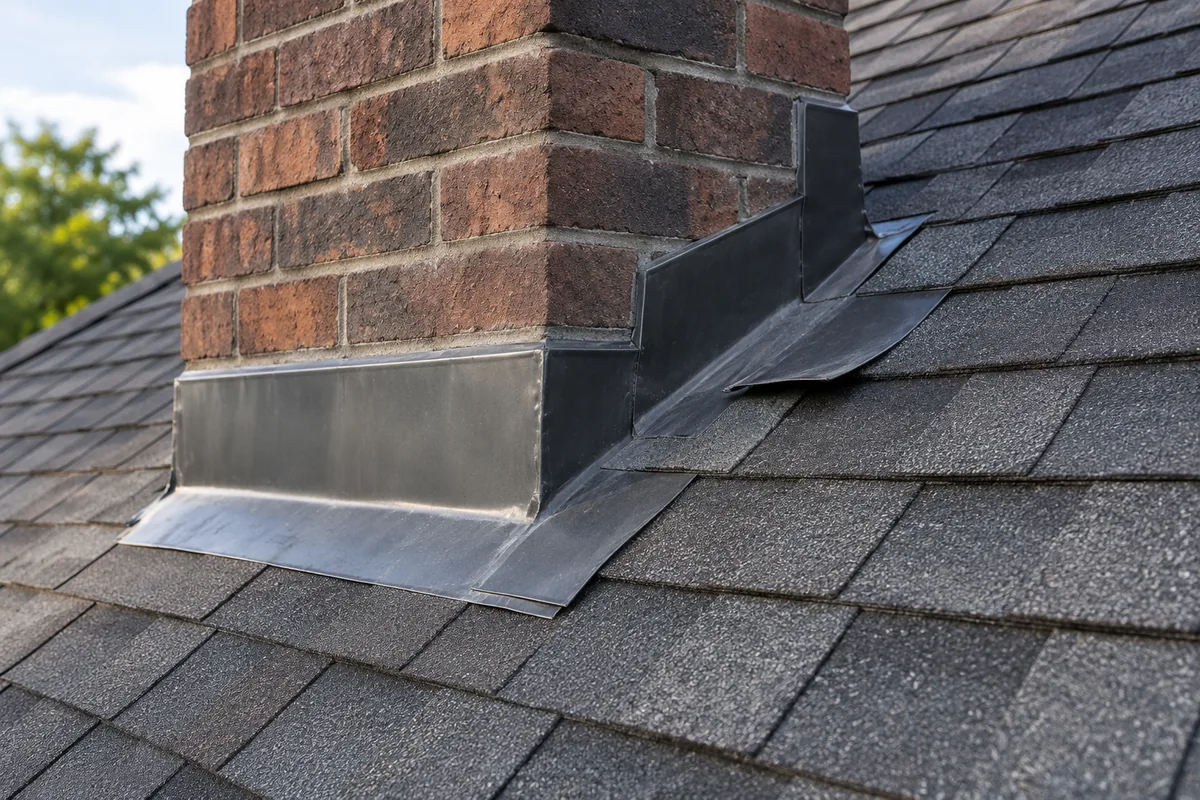 Stepped chimney flashing adjoining charcoal asphalt shingles, with a localized lifted edge