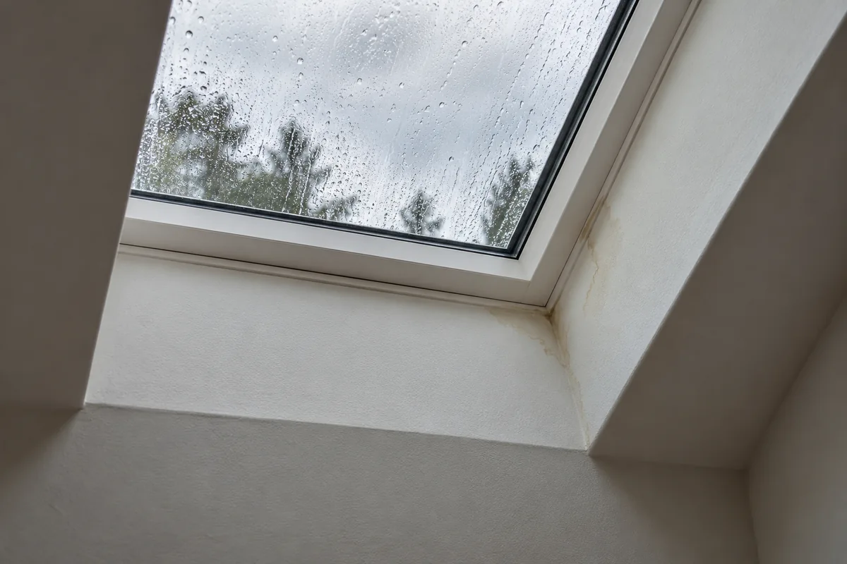 A small water stain at one corner of an interior skylight trim beneath a rainy sky