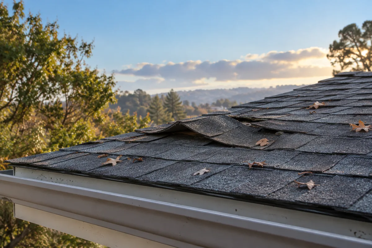 A localized area of wind-lifted asphalt shingles with scattered leaves after a storm