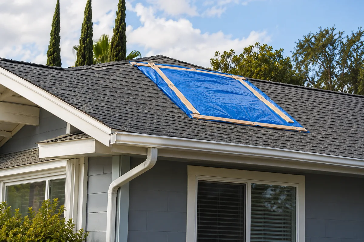 A blue roof tarp secured with battens over a localized section of a California shingle roof