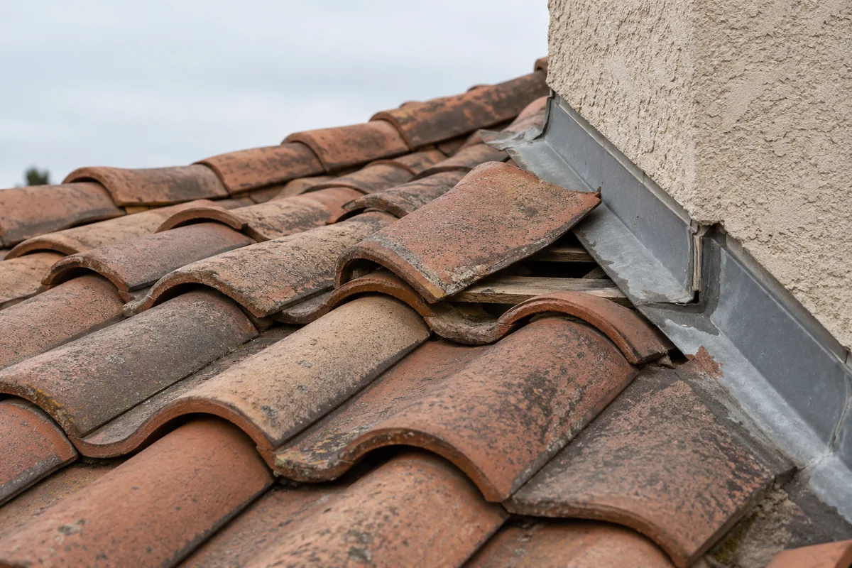 Slipped terracotta roof tile beside metal flashing on a California-style home